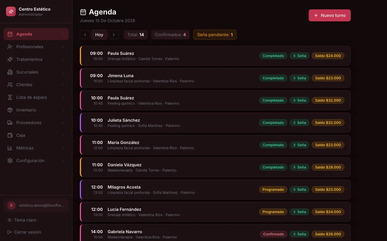 Agenda por profesional con seña y saldo de cada turno