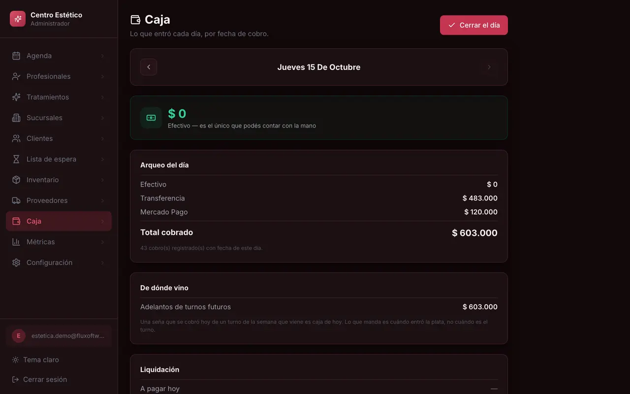 Caja del día de un centro de estética por medio de pago