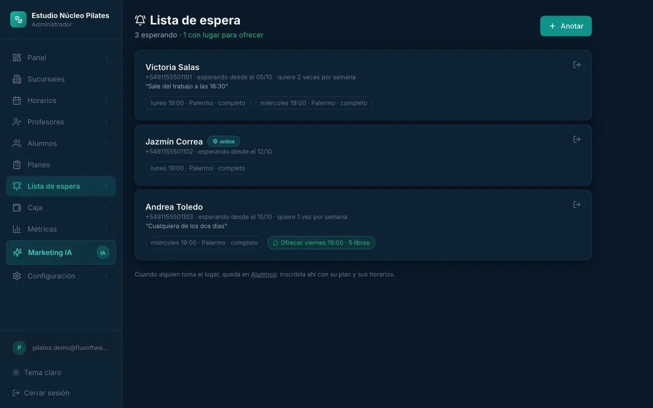 Lista de espera de horarios completos, con el lugar que se liberó para ofrecer