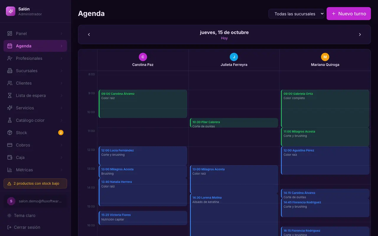 Agenda del salón con turnos de color y segunda profesional